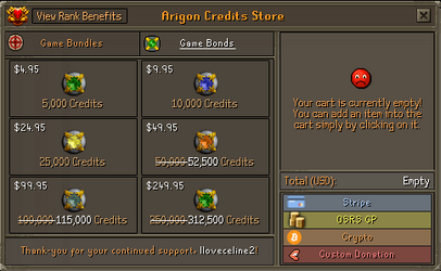 The Arigon Credits Store, where you can purchase Bonds for Real World Currency.